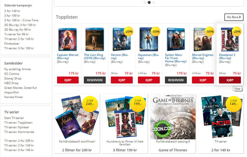 Bildet viser noe av filmutvalget på CDON.com