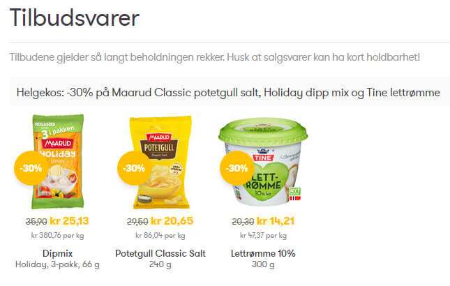 Bildet viser noen av tilbudsvarene på Kolonial.no