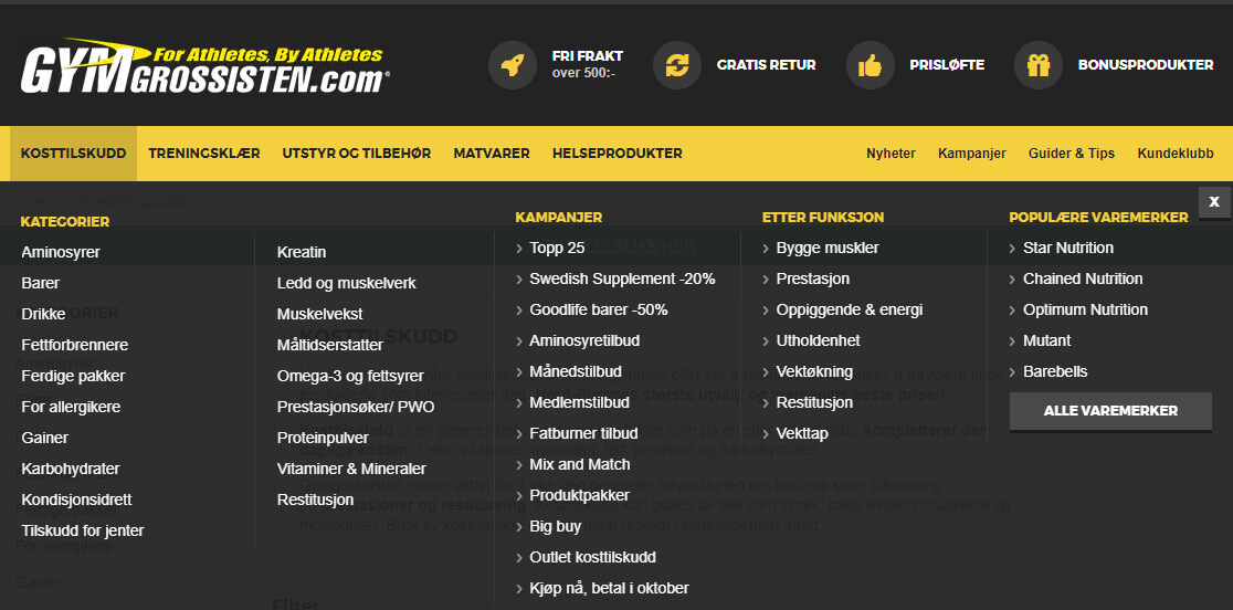 Bildet viser noen av varekategoriene for kosttilskudd på Gymgrossisten.no