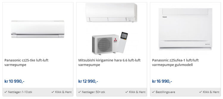 Bildet viser noen av varmepumpene i utvalget til MegaFlis