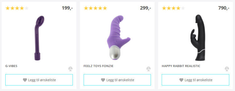 Bildet viser noen av dildoene i utvalget til Erotikknett